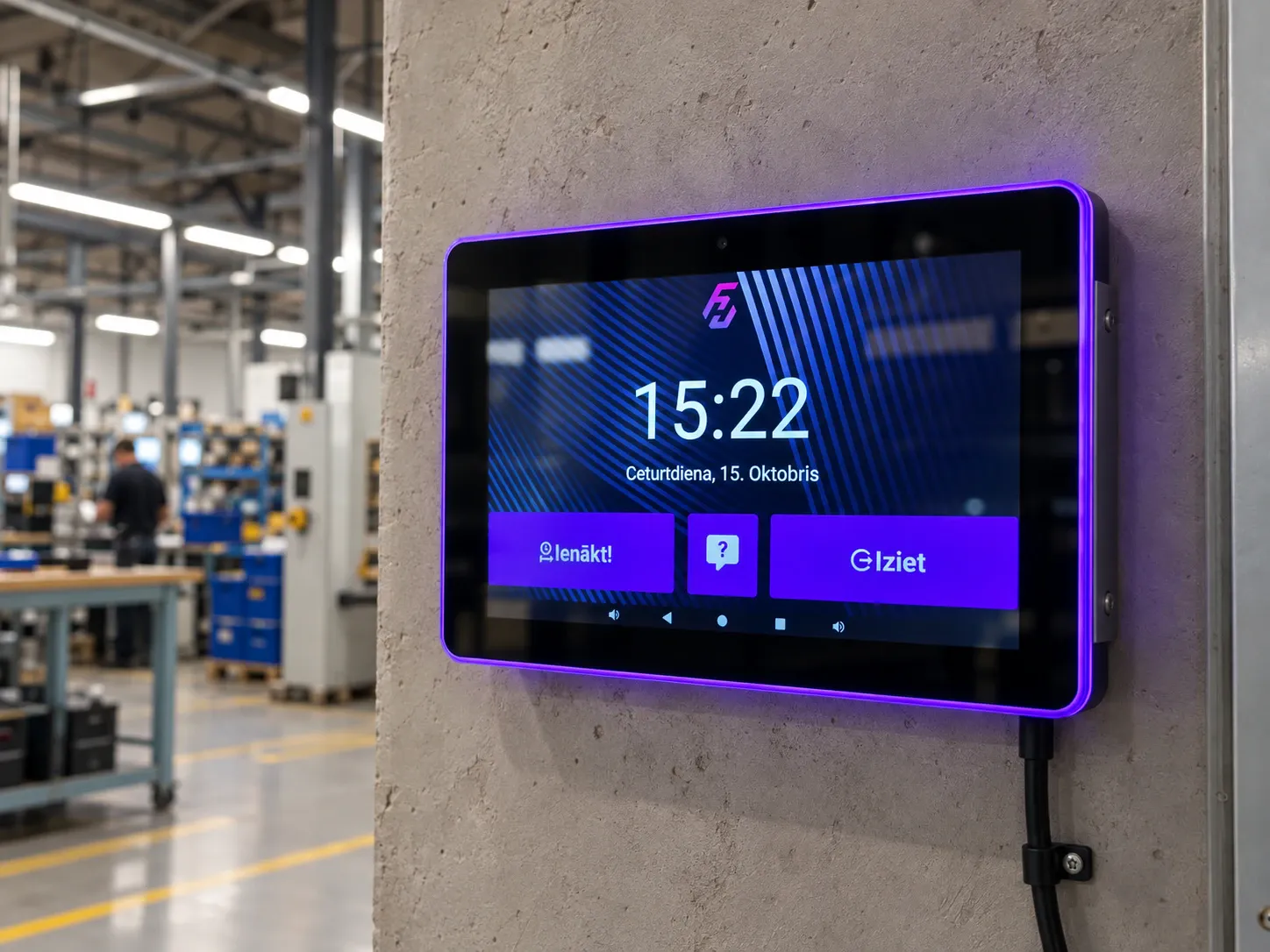 FjordHub NFC kiosk: a touchscreen on a concrete wall in a factory hall with a violet light around the frame, showing the clock and the clock in and clock out buttons